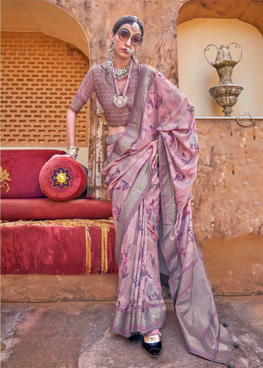 Kamodini - Mauve Pink Silk Saree with Floral XO Print – Sanskriti Wear
