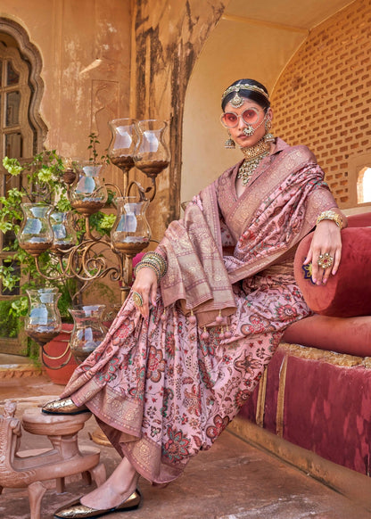 Vasudhara - Warm Beige Silk Saree with Floral XO Print – Sanskriti Wear