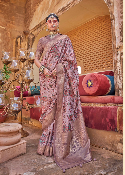 Vasudhara - Warm Beige Silk Saree with Floral XO Print – Sanskriti Wear
