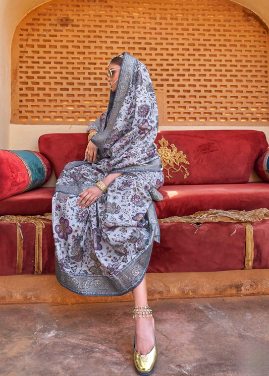 Shaarvani - Slate Grey Silk Saree with Floral XO Print – Sanskriti Wear
