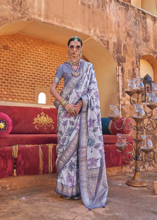 Dhriti - Cool Lilac Silk Saree with Floral XO Print – Sanskriti Wear