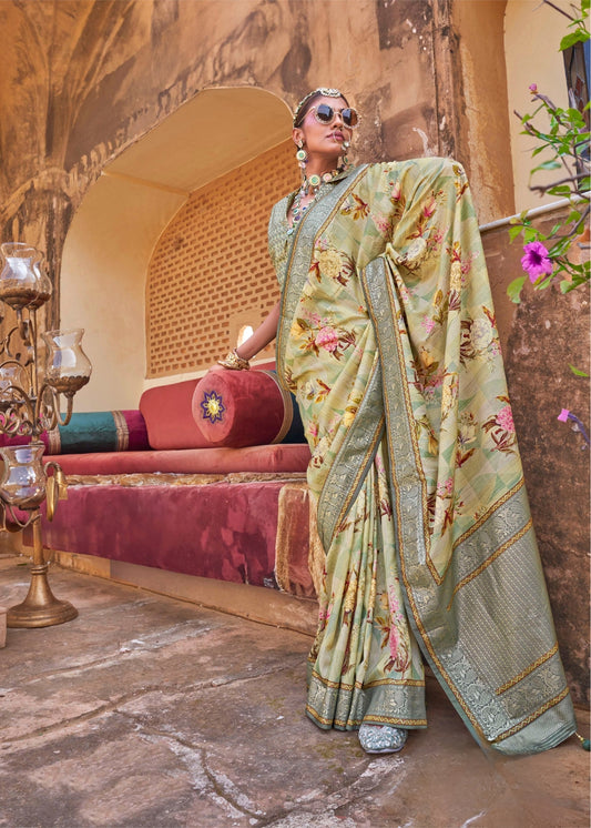 Haripriya - Olive Green Silk Saree with Floral XO Print – Sanskriti Wear