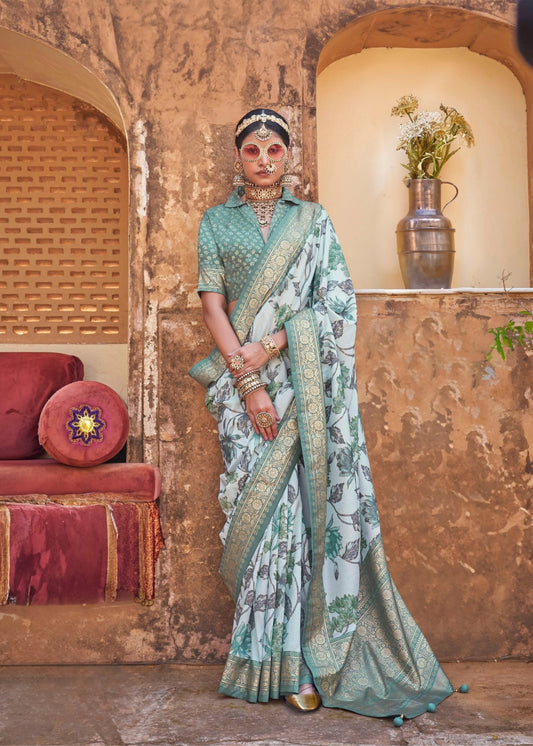 Neerja - Aqua Green Silk Saree with Floral XO Print – Sanskriti Wear