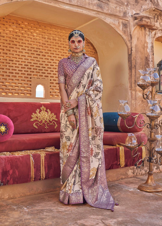 Tamalika - Beige & Plum Silk Saree with Floral XO Print – Sanskriti Wear