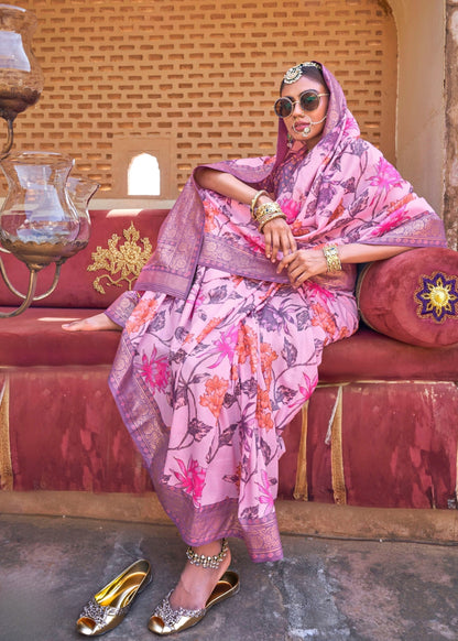 Rangrekha - Lavender Pink Silk Saree with Floral XO Print – Sanskriti Wear