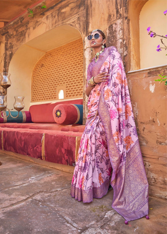 Rangrekha - Lavender Pink Silk Saree with Floral XO Print – Sanskriti Wear