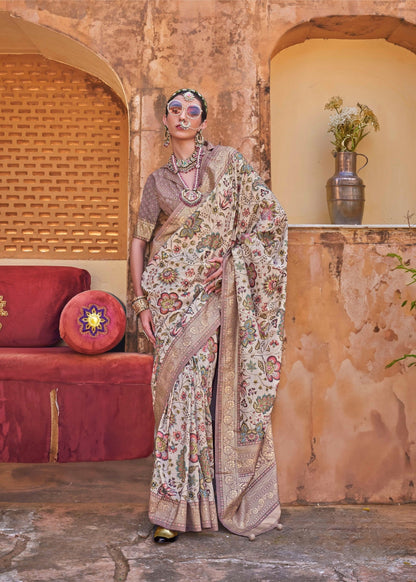 Rajnandini - Cream Silk Saree with Floral XO Print – Sanskriti Wear