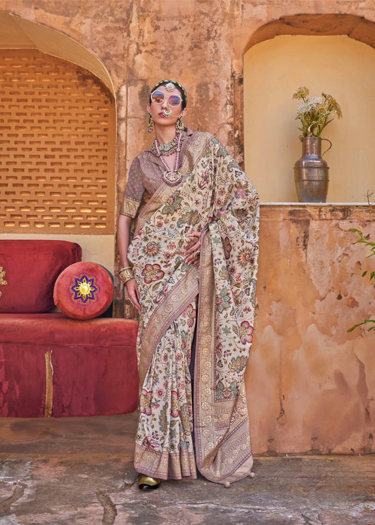 Rajnandini - Cream Silk Saree with Floral XO Print – Sanskriti Wear