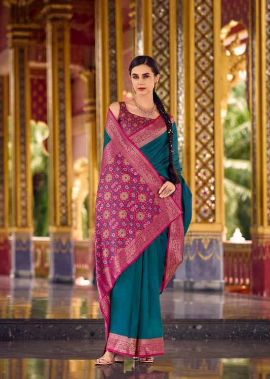 Raatrani Teal Silk Saree with Magenta Traditional Weaving