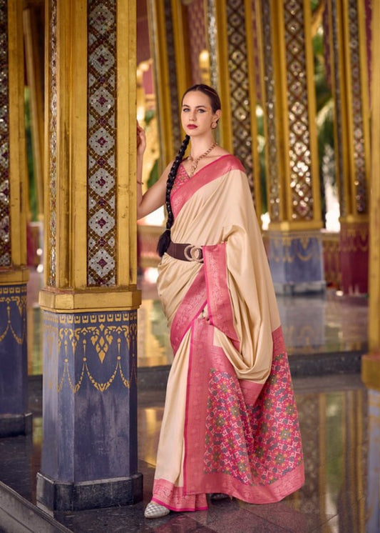 Shweta Saaj Cream and Rose Silk Saree with Antique Border