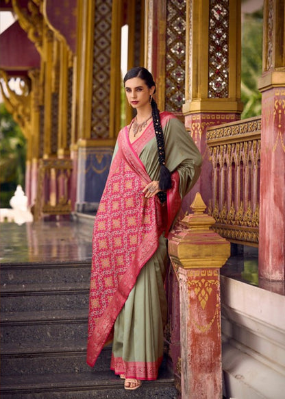 Gulaabi Tehzeeb Sage Green and Pink Silk Saree with Heritage Zari