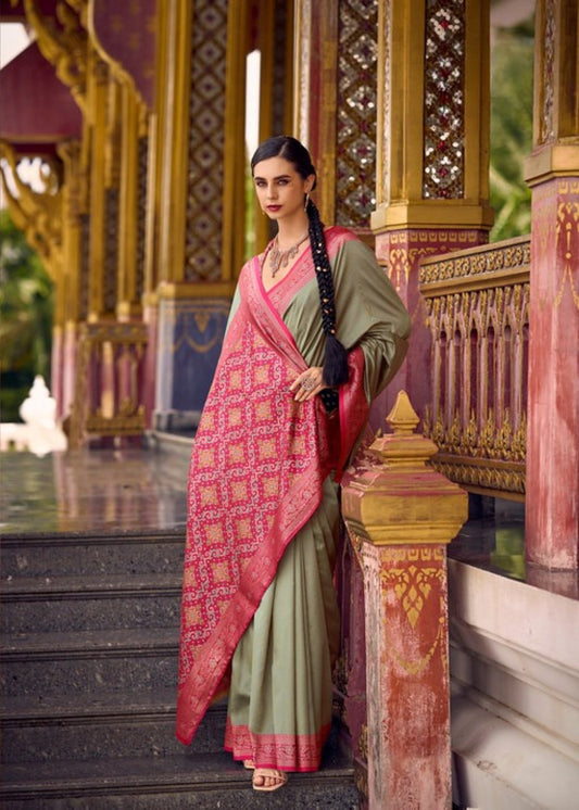 Gulaabi Tehzeeb Sage Green and Pink Silk Saree with Heritage Zari