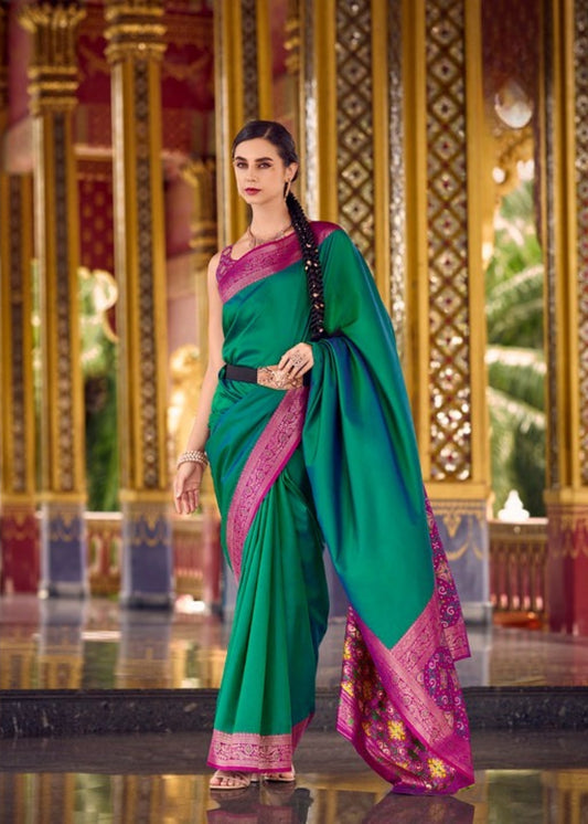 Harita Grace Emerald Green Silk Saree with Magenta Woven Border