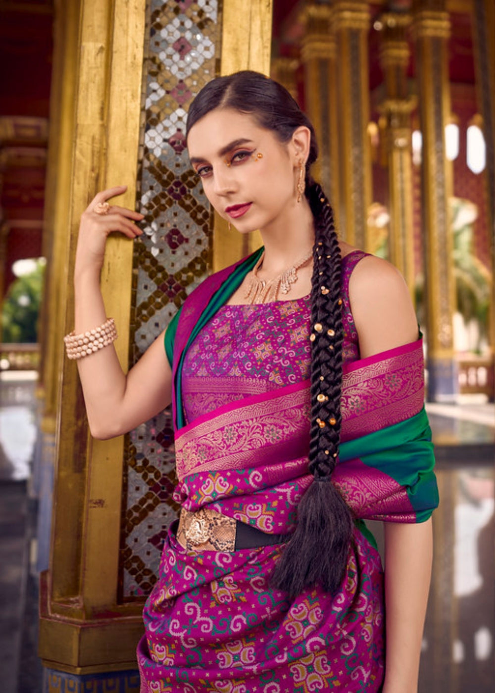 Harita Grace Emerald Green Silk Saree with Magenta Woven Border