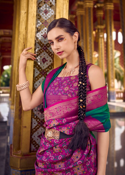 Harita Grace Emerald Green Silk Saree with Magenta Woven Border