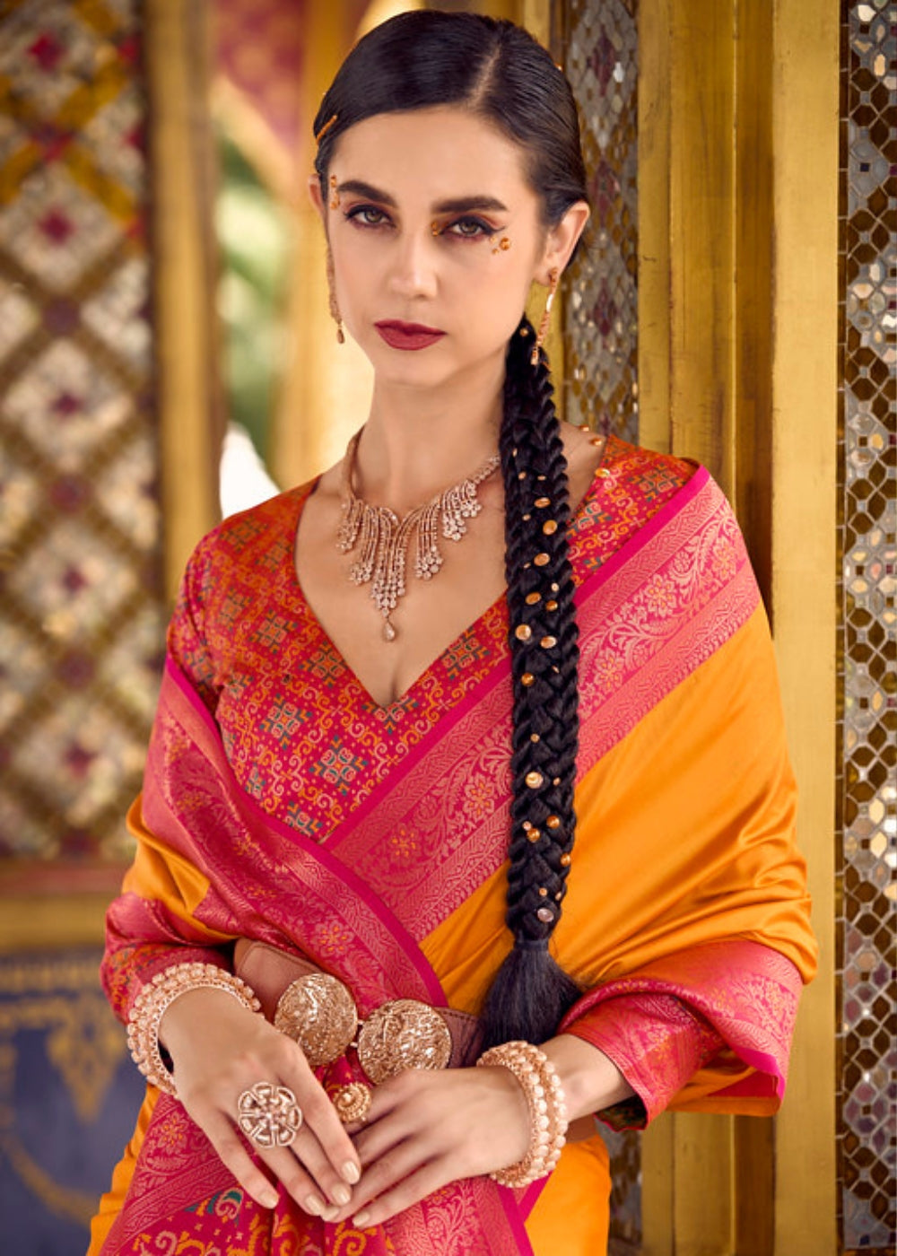 Kanaka Drape Yellow Pink Soft Silk Saree with Contrast Weaving