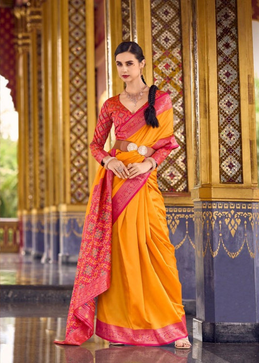 Kanaka Drape Yellow Pink Soft Silk Saree with Contrast Weaving