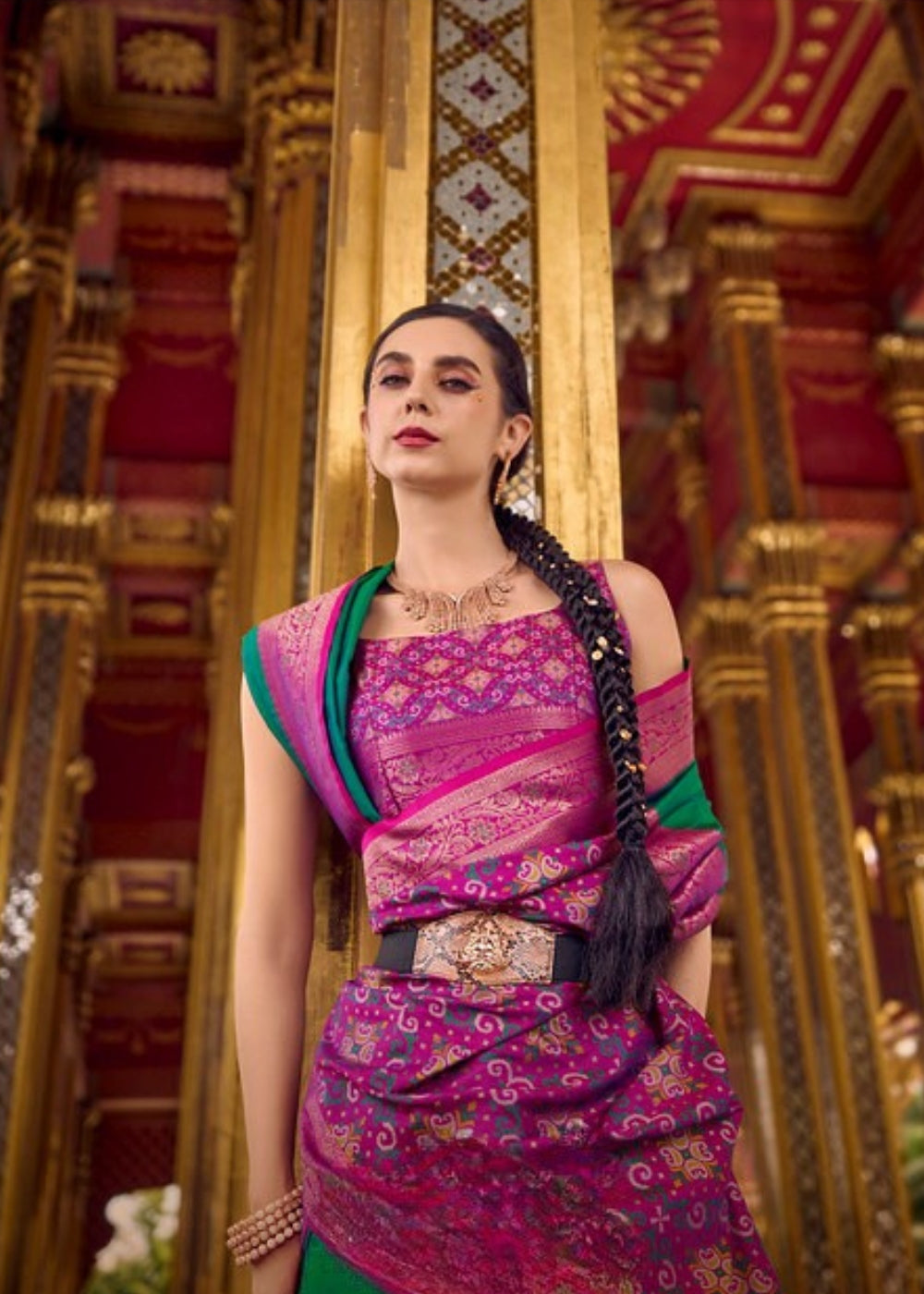 Harita Grace Emerald Green Silk Saree with Magenta Woven Border