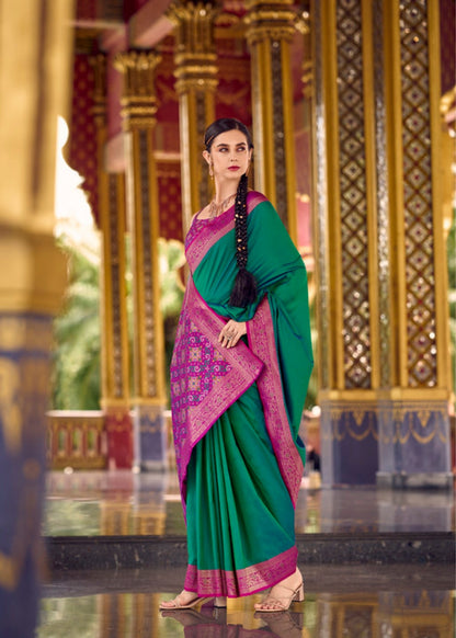 Harita Grace Emerald Green Silk Saree with Magenta Woven Border