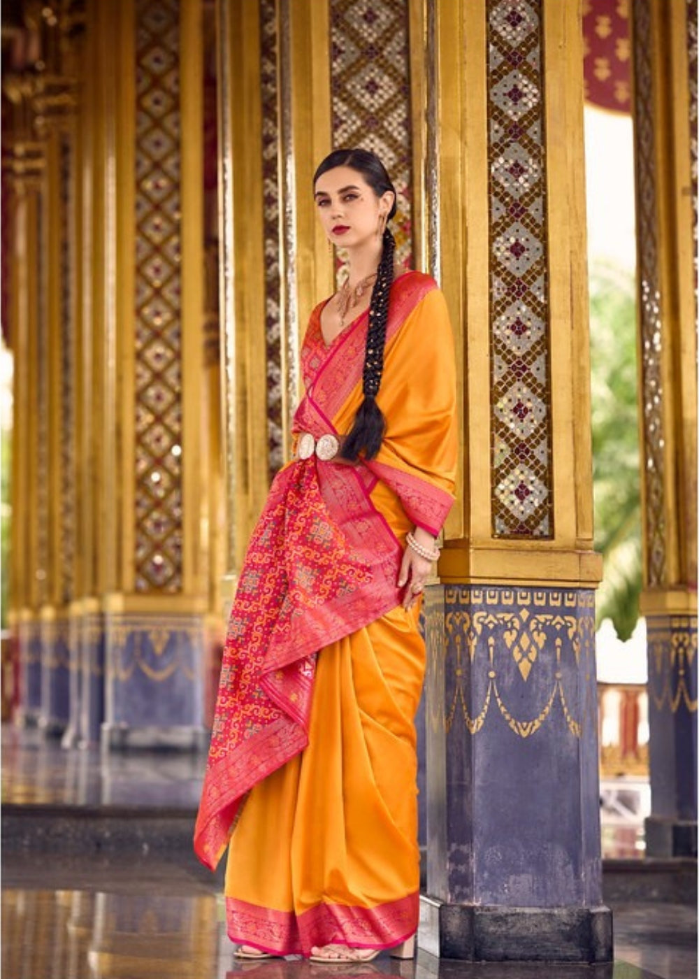 Kanaka Drape Yellow Pink Soft Silk Saree with Contrast Weaving