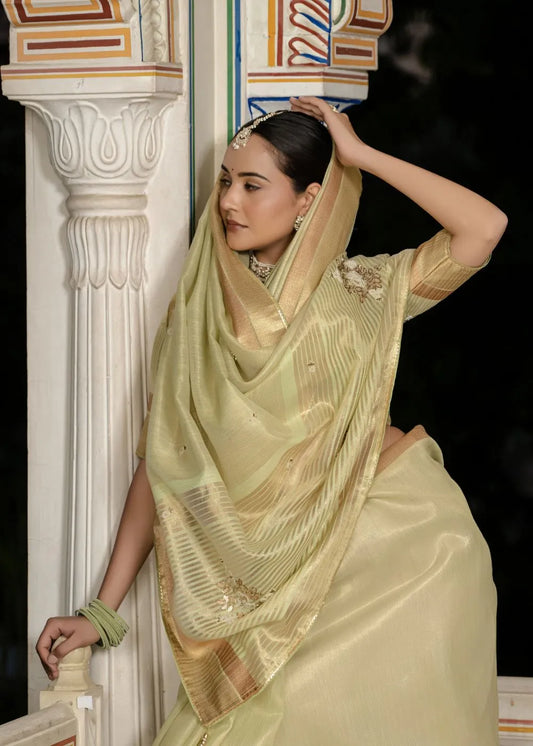 Pistachio Grace Tissue Linen Saree with Zari Patta and Signature Khatli Details