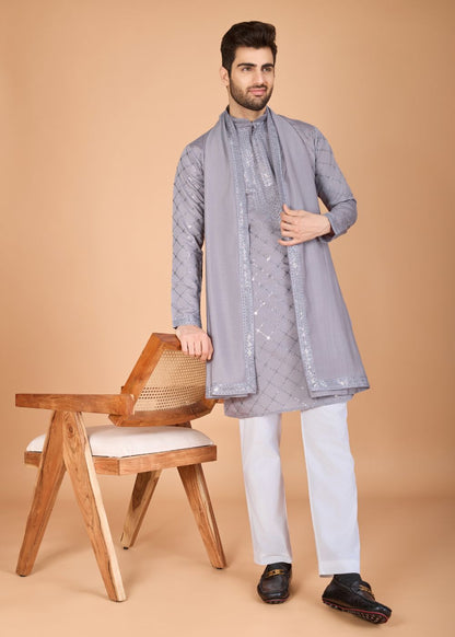 Elegant Grey Silk Kurta Set with Dupatta Detailing
