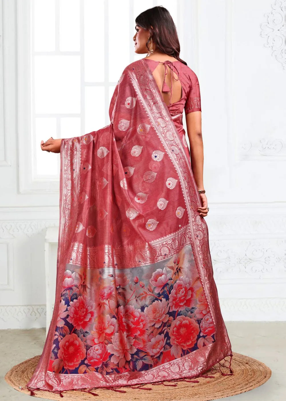 Crimson Rose Linen Cotton Saree with Paisley Woven Motifs & Floral Printed Pallu
