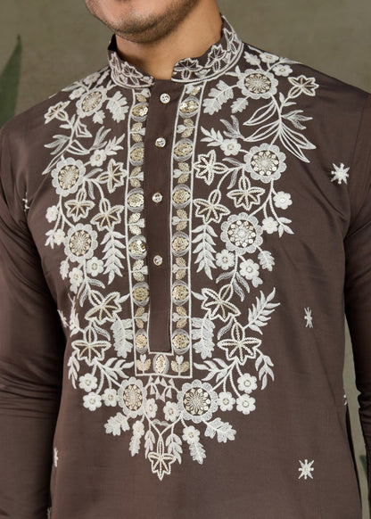 Chocolate Grey Rayon Kurta with Heritage Thread Work: Top Style Pick
