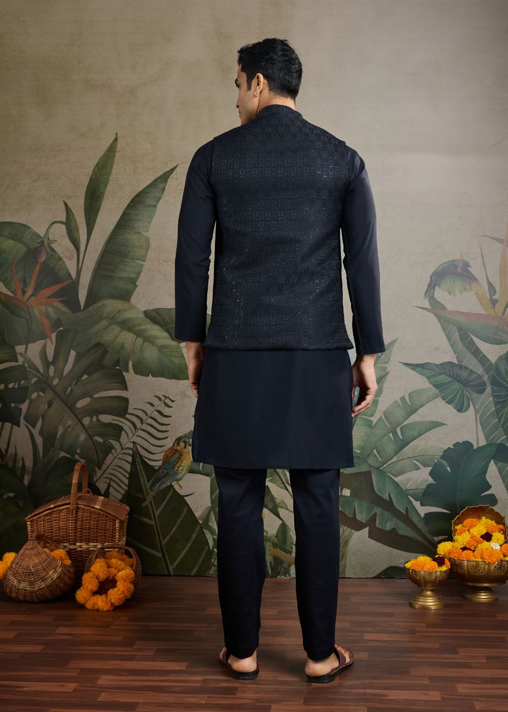 Midnight Regal – Black Viscose Silk Kurta with Rich Jacquard Designer Koti