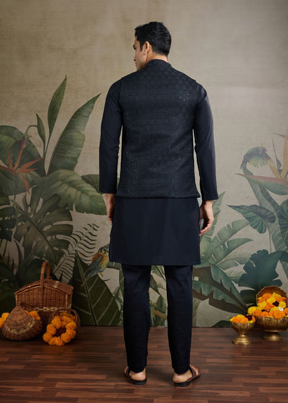 Midnight Regal – Black Viscose Silk Kurta with Rich Jacquard Designer Koti