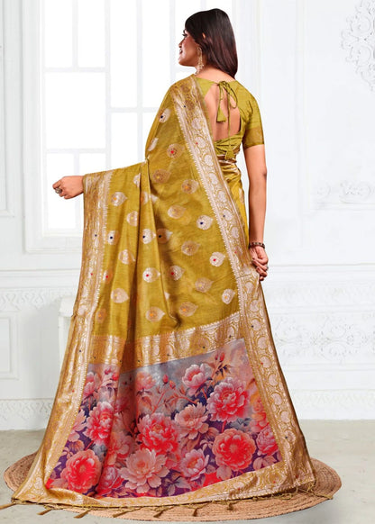 Mustard Marigold Linen Cotton Saree with Zari Paisley Butta & Blooming Pallu Design