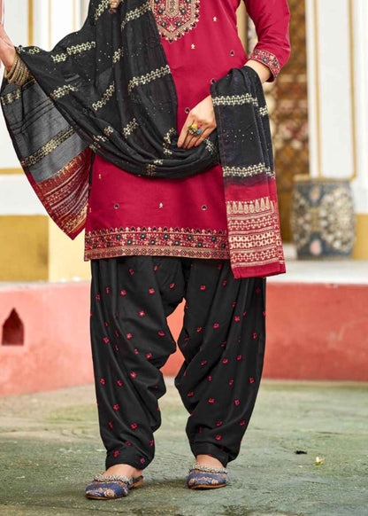 Crimson Black Elegance – Embroidered Ruby Silk Patiyala