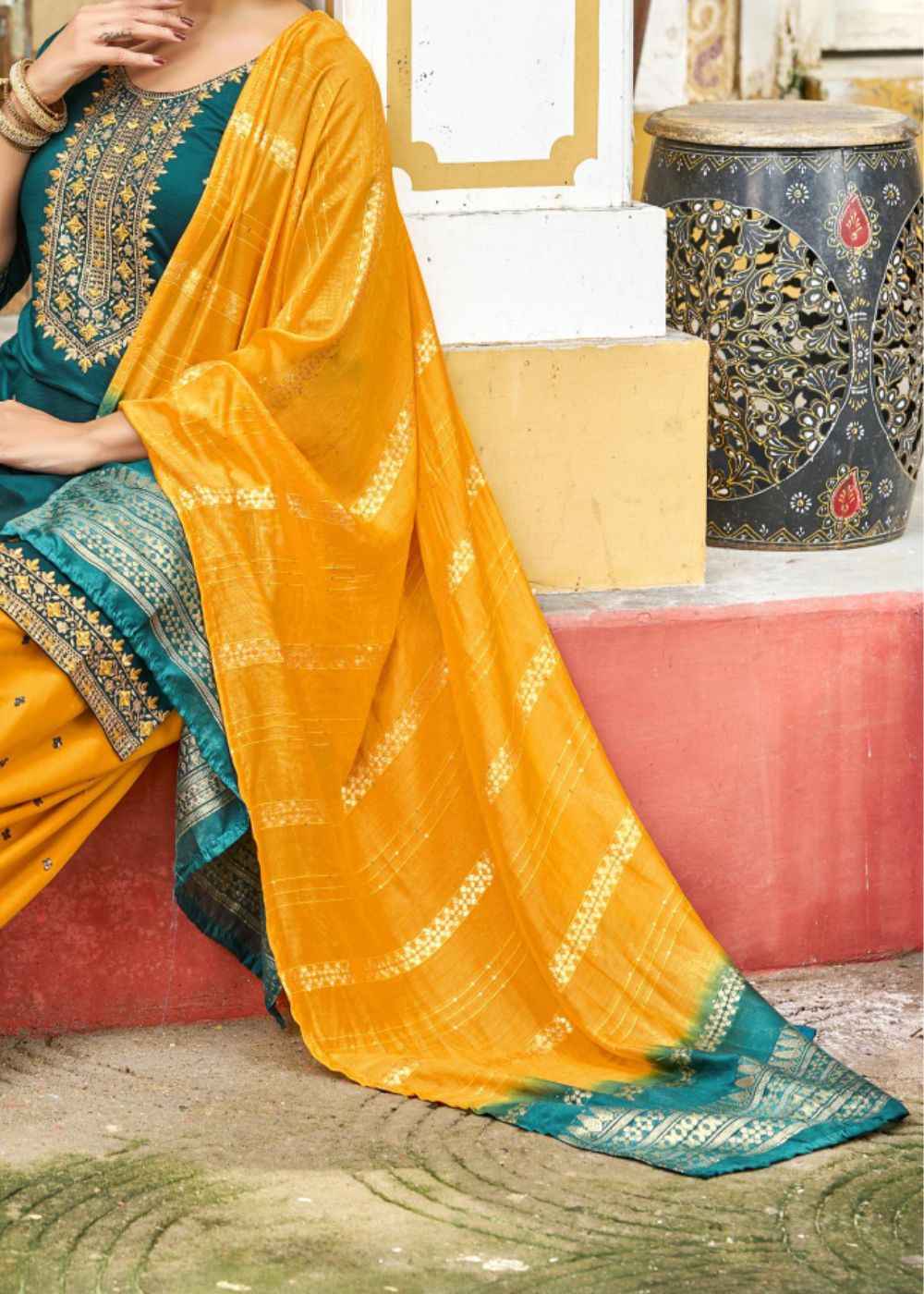 Teal Gold Radiance – Dual Tone Embroidered Silk Set