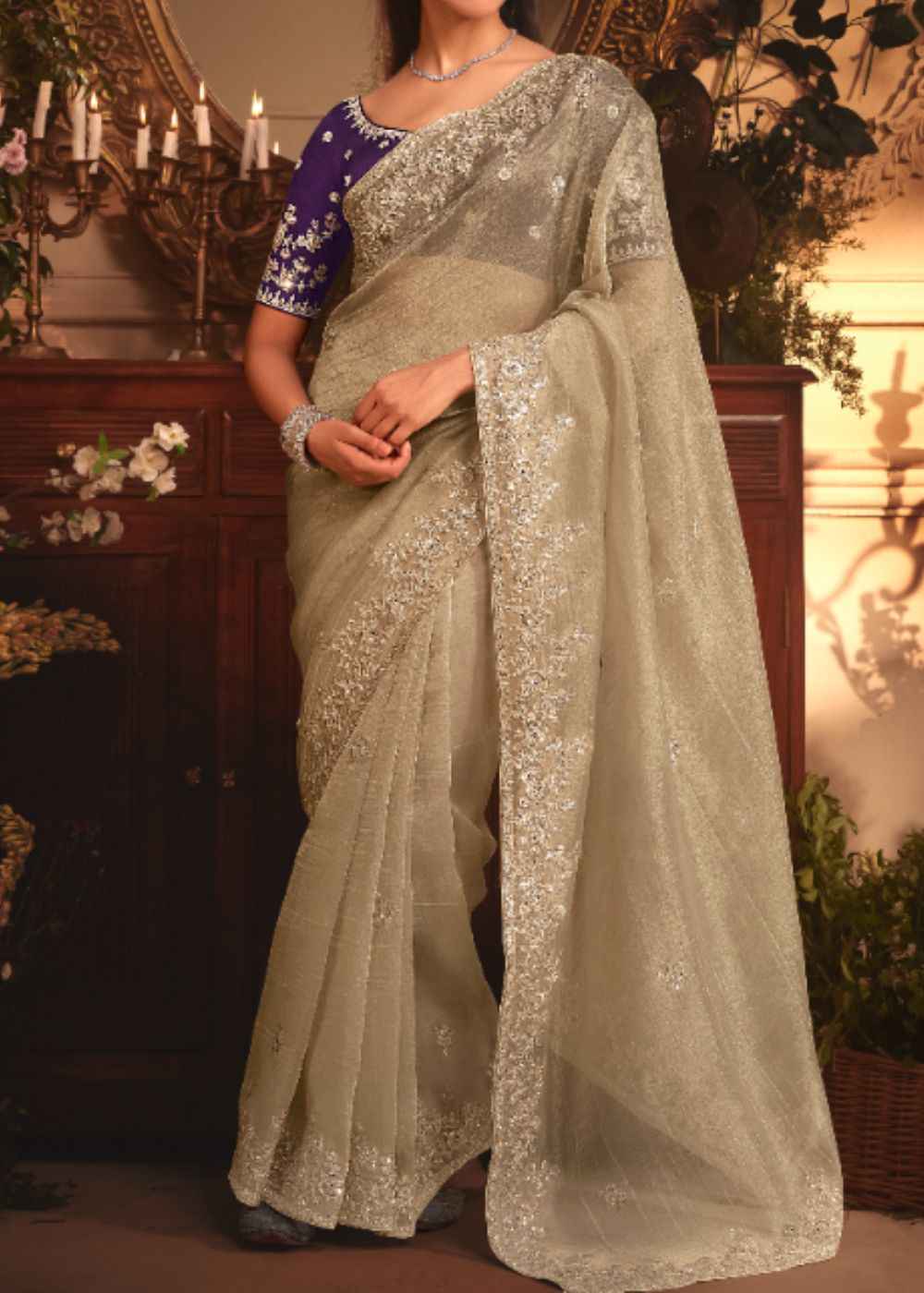 Mist Grey Tissue Organza Saree