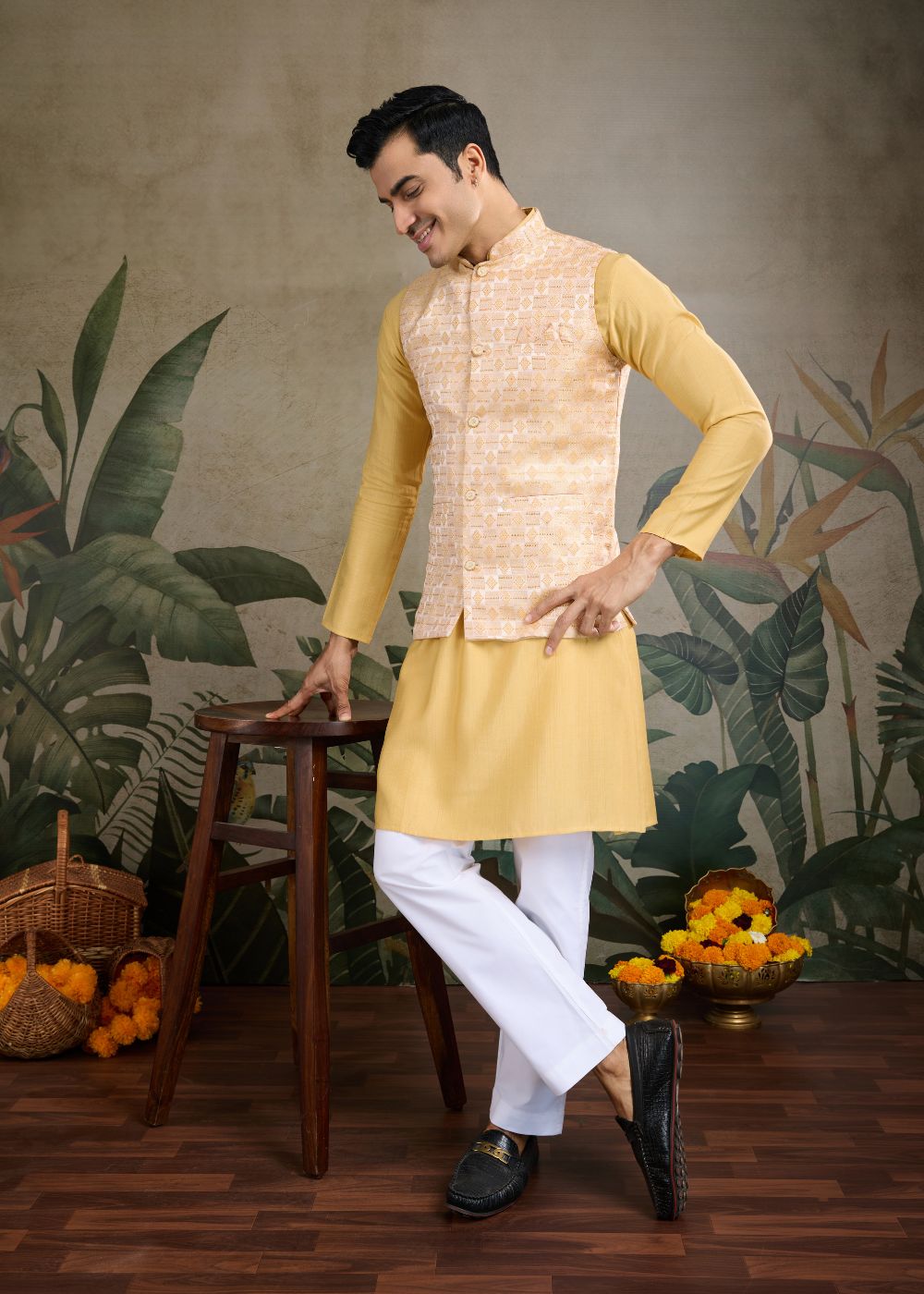 Saffron Majesty – Yellow Viscose Silk Kurta with Embroidered Jacquard Koti