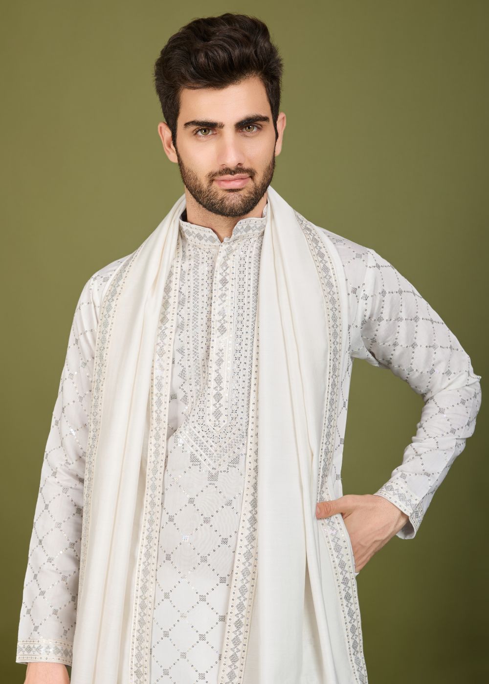 Royal White Viscose Embroidered Kurta with Dupatta