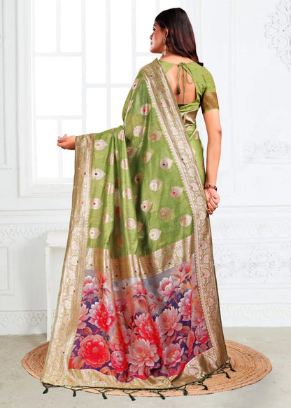 Olive Green Linen Cotton Saree with Traditional Paisley Design & Floral Artwork Pallu