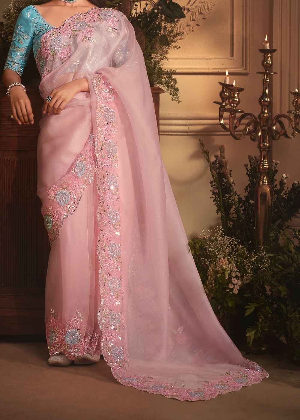 Baby Pink Tissue Organza Saree