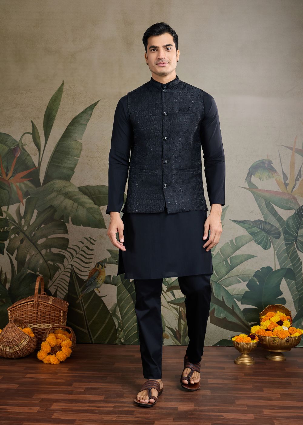 Midnight Regal – Black Viscose Silk Kurta with Rich Jacquard Designer Koti