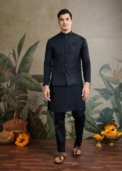Midnight Regal – Black Viscose Silk Kurta with Rich Jacquard Designer Koti