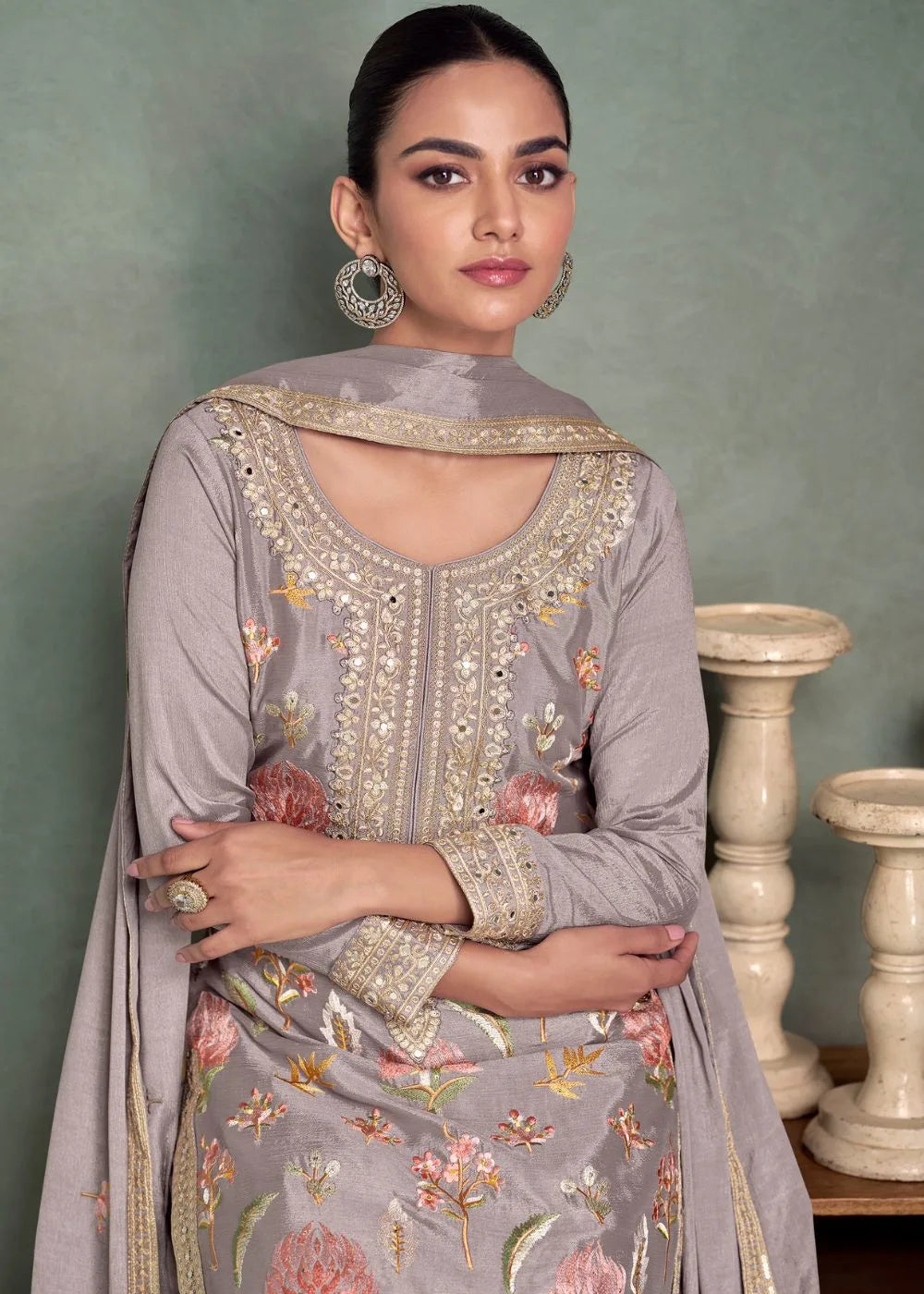 Lavender Mist Bloom Chinnon Silk Embroidered Suit Set