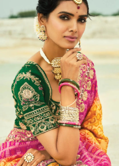 Mustard to Rani C-Pallu Pure Georgette Bandhej Saree with Moti & Cut-Dana Heavy Hand Work Border