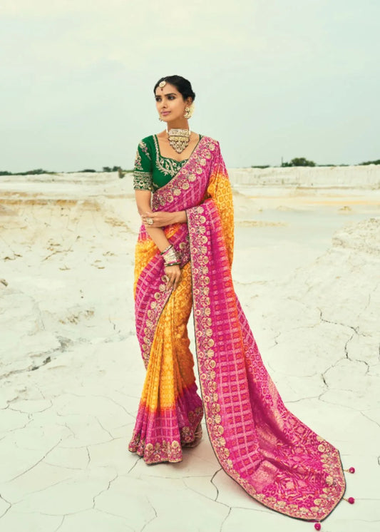 Mustard to Rani C-Pallu Pure Georgette Bandhej Saree with Moti & Cut-Dana Heavy Hand Work Border