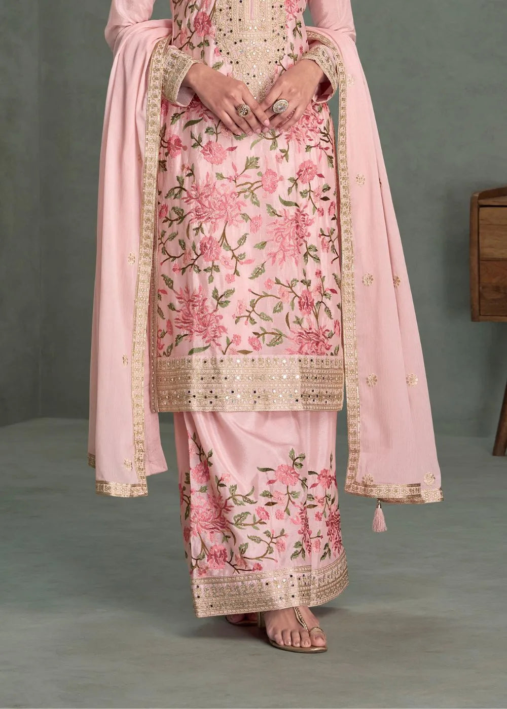 Blush Rose Garden Premium Chinnon Silk Embroidered Suit Set