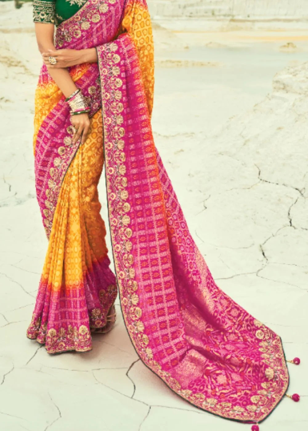 Mustard to Rani C-Pallu Pure Georgette Bandhej Saree with Moti & Cut-Dana Heavy Hand Work Border