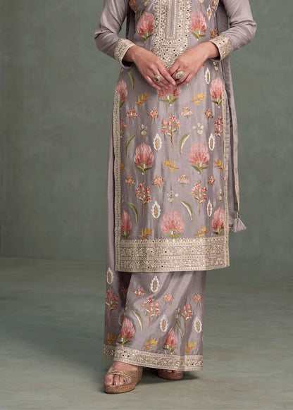 Lavender Mist Bloom Chinnon Silk Embroidered Suit Set