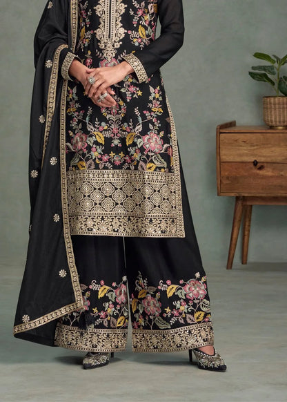 Midnight Noir Floral Majesty Chinnon Silk Suit Ensemble