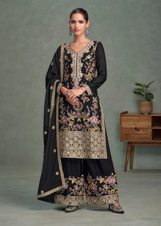 Midnight Noir Floral Majesty Chinnon Silk Suit Ensemble