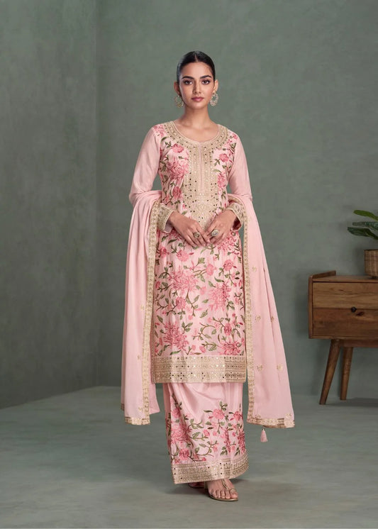 Blush Rose Garden Premium Chinnon Silk Embroidered Suit Set