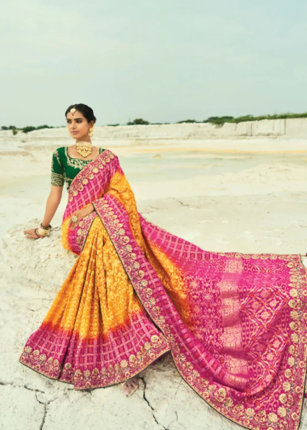 Mustard to Rani C-Pallu Pure Georgette Bandhej Saree with Moti & Cut-Dana Heavy Hand Work Border